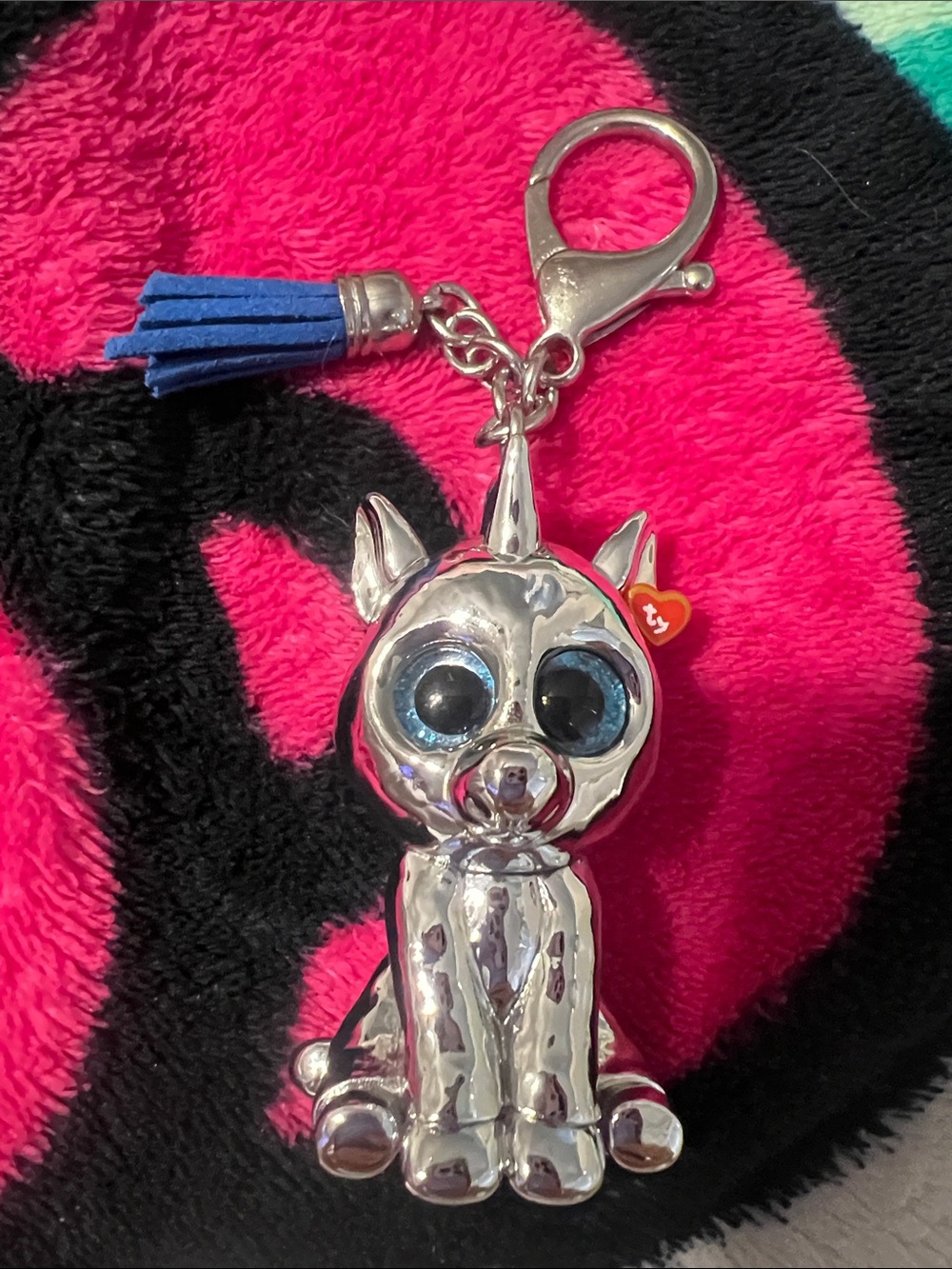 Ty Silver Unicorn Dog Toy Keychain with Blue Tassel